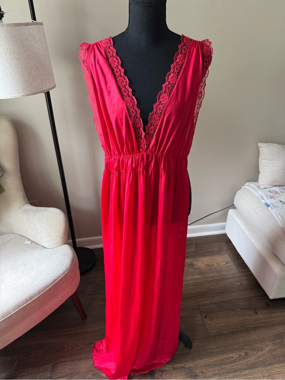 Sears Red Lace-Trimmed Long Chemise Slip
